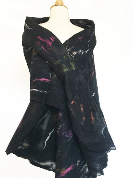 Black Nuno Felted Wool-Sari Silk "Shawl-Stole"|One-of-a-Kind Wearable Art