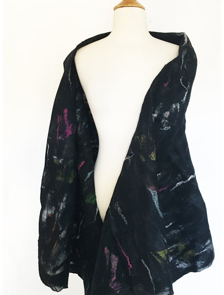 Black Nuno Felted Wool-Sari Silk "Shawl-Stole"|One-of-a-Kind Wearable Art