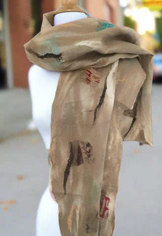Champagne Nuno Felted Merino Wool-Sari Silk Scarf|One-of-a-Kind Wearable Art