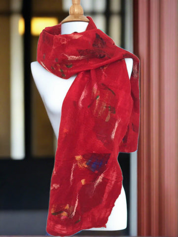 Red Nuno Felted Merino Wool-Sari Silk Scarf|One-of-a-Kind Wearable Art