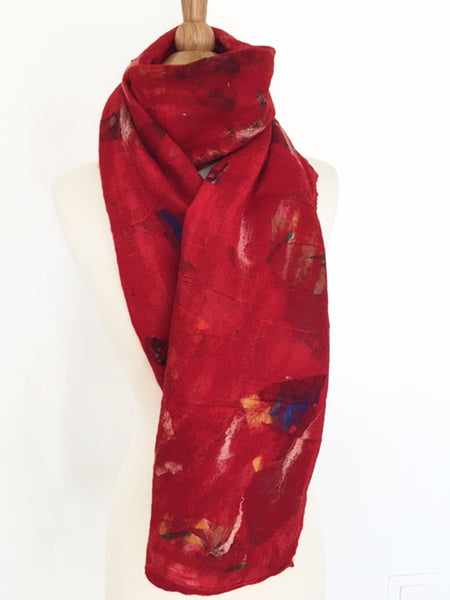 Red Nuno Felted Merino Wool-Sari Silk Scarf|One-of-a-Kind Wearable Art