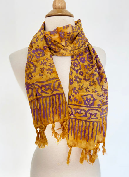 Handmade Batik Rayon Fringe Scarf - Gold-Purple