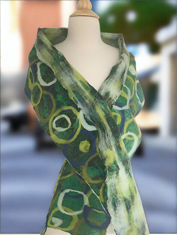 Green Felted Sari Circle Scarf|One-of-a-Kind Wearable Art