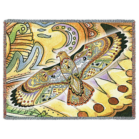 Hawk Totem Woven Cotton Throw Blanket by Sue Coccia©