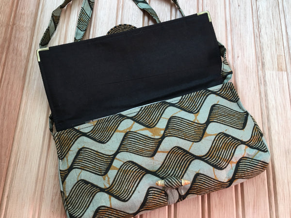 Rwandan Batik Clutch Bag w/Shoulder Strap - Brown Waves