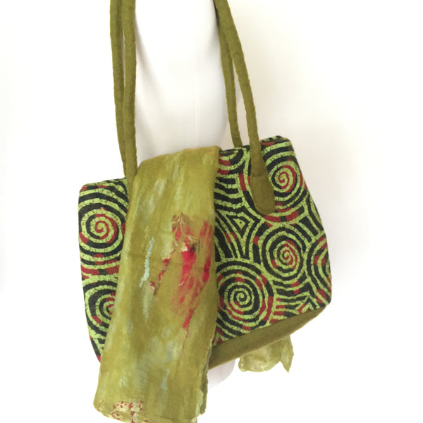 Felted Wool/Cotton Pop Art Shoulder Bag - Chartreuse Swirls One-Of-A-Kind - 
 - 3