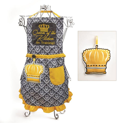 Izzy© Queen In Training Black-Gold Child Apron + Hand Towel Set