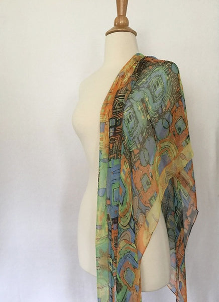 Gustav Klimt Abstract Scarf - Blue/Orange/Green/Gold