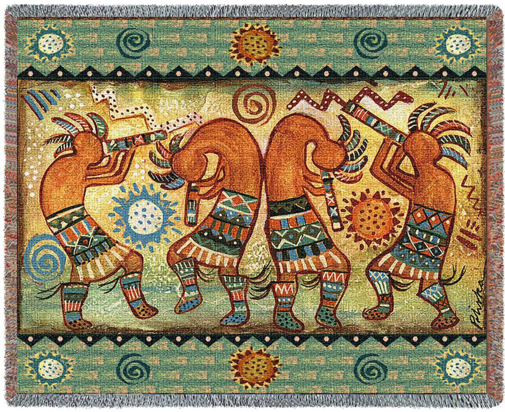 Kokopelli Quartet II Woven Throw Blanket by Donna Polivka© -
