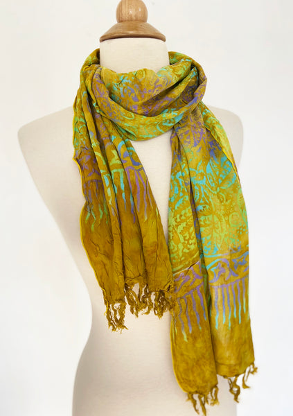 Handmade Batik Rayon Fringe Scarf - Gold-Turquoise-Purple-Lime