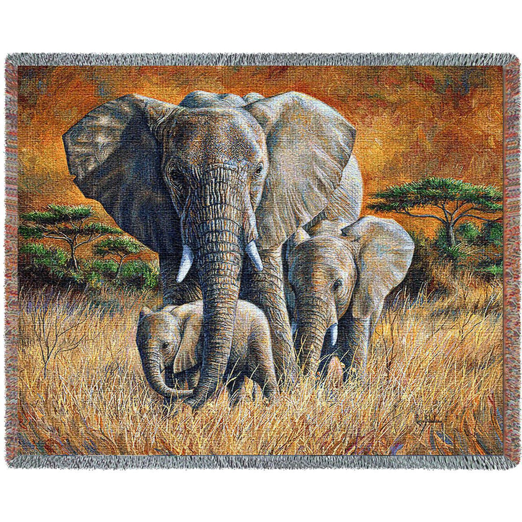 Loving Mother Elephant Tapestry Cotton Throw Blanket by Lucie Bilodeau© -