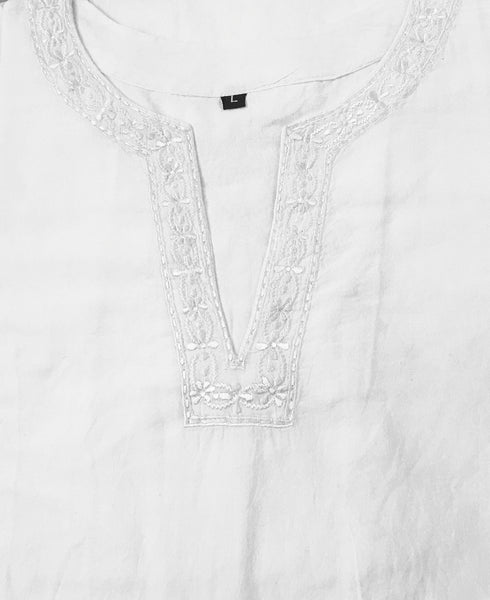 White Montserrat Cotton Kurti Tunic - White w/Embroidery