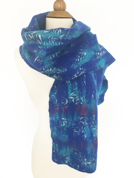 Turquoise-Blue Nuno Felted Merino Wool-Silk Sari Scarf - One-of-a-Kind Wearable Art