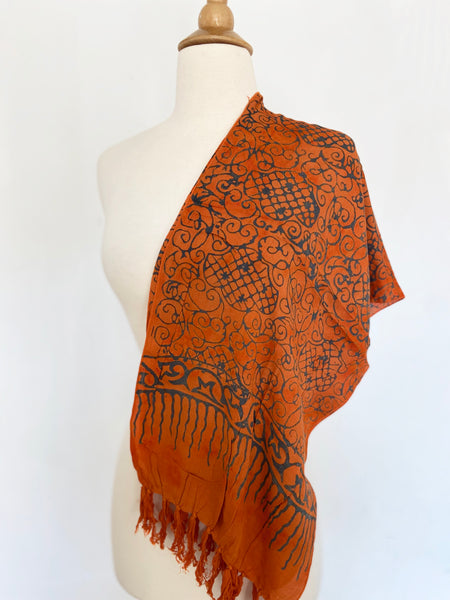 Handmade Batik Rayon Fringe Scarf - Orange-Blue Gray