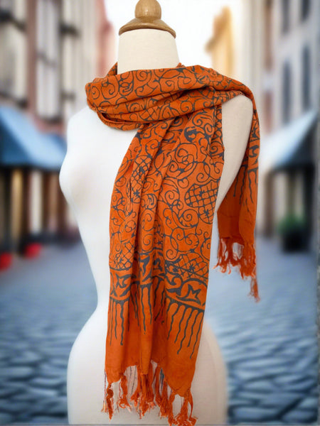 Handmade Batik Rayon Fringe Scarf - Orange-Blue Gray