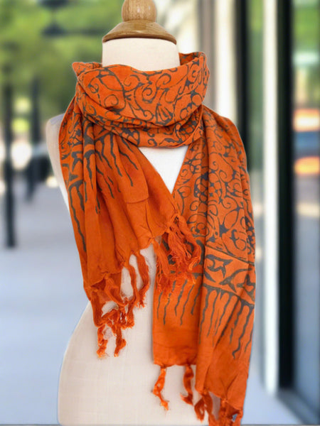 Handmade Batik Rayon Fringe Scarf - Orange-Blue Gray