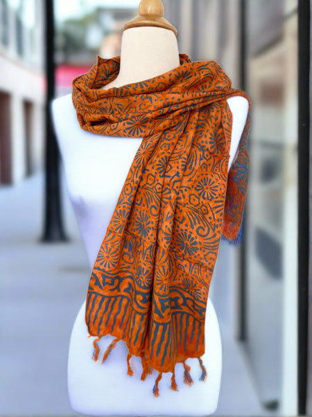Handmade Batik Rayon Fringe Scarf - Orange-Blue