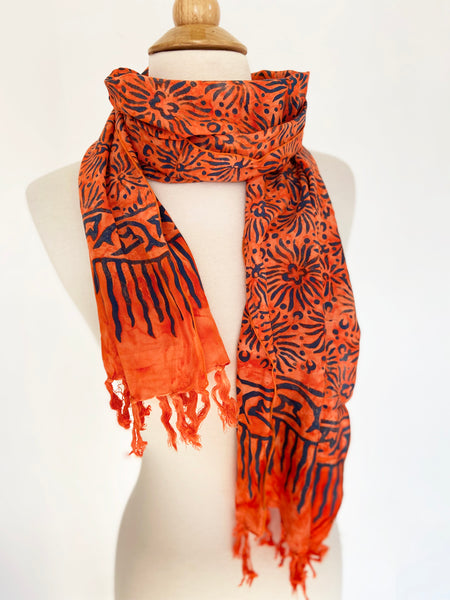 Handmade Batik Rayon Fringe Scarf - Orange-Navy