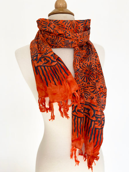 Handmade Batik Rayon Fringe Scarf - Orange-Navy