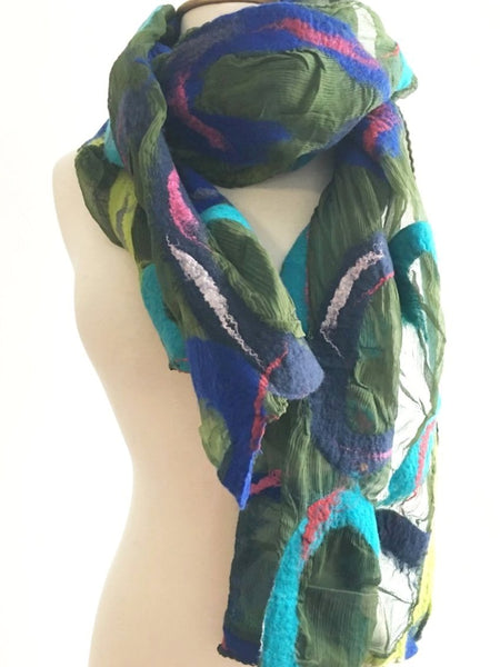 Paisley Blue Green Nuno Felted Wool-Silk Scarf|One-of-a-Kind Wearable Art