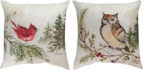 Snowy Forest Owl/Cardinal Indoor-Outdoor Reversible Pillow by Susan Winget©