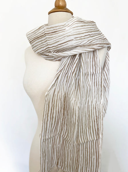 Striped Lightweight Thai Cotton Scarf - Tan-Taupe Stripes on White