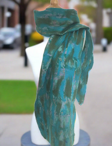 Turquoise-Green Nuno Felted Merino Wool-Silk Sari Scarf|One-of-a-Kind Wearable Art