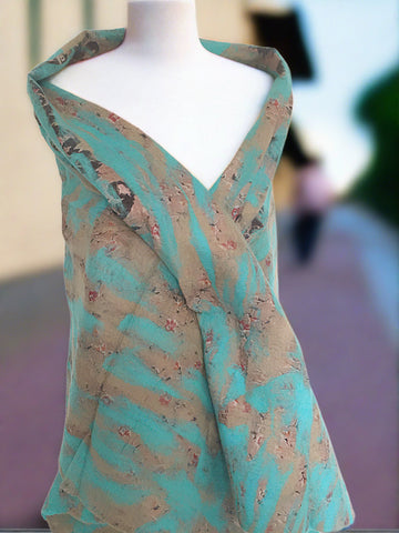 Turquoise-Sand Nuno Felted Wool-Sari Silk "Shawl-Stole"|One-of-a-Kind Wearable Art
