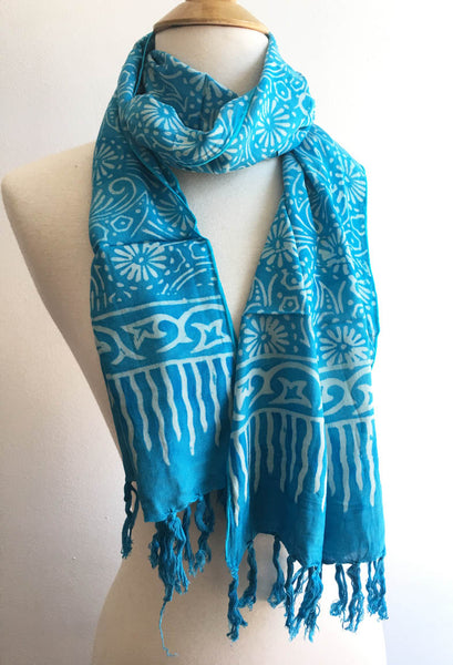 Handmade Batik Rayon Fringe Scarf - Turquoise