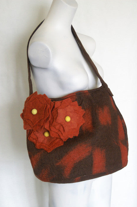 Nuno Felted Wool Flower Shoulder Bag - Chocolate & Spice -