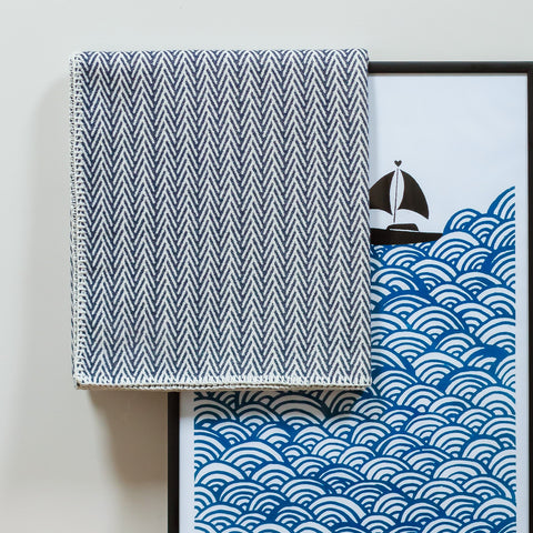 Tweedmill Organic Cotton Herringbone Throw - Navy/Cream |Wales, GB