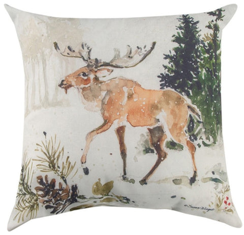 Snowy Forest Moose/Deer Indoor-Outdoor Reversible Pillow by Susan Winget©