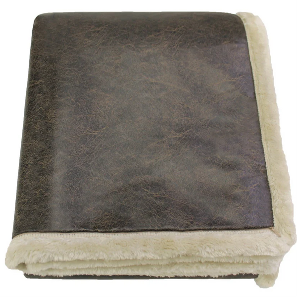 Vintage Brown Faux Leather Throw Blanket w/Pearl Faux Fur|Decorating Option