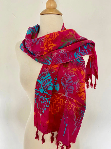 Handmade Batik Rayon Fringe Scarf - Magenta-Orange