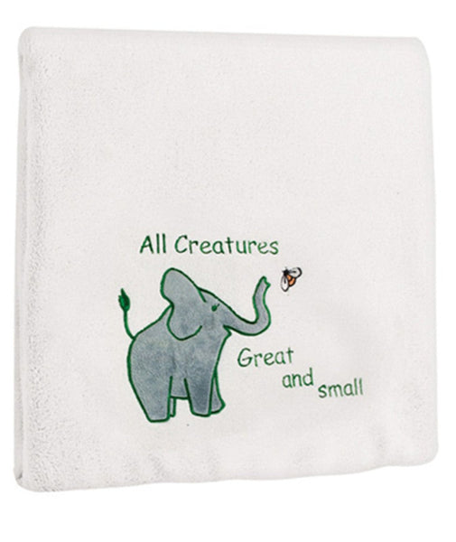 Izzy™ All Creatures w/Elephant White Embroidered Fleece Baby Blanket by Moira Hershey©