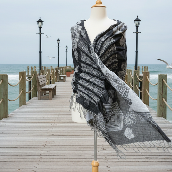 Woven Reversible Ruffled Scarf/Shawl - White Raven