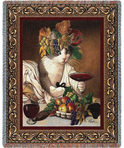 Bacchus Cat Wine Drinking-Michelangelo Merisi da Caravaggio's Bacchus Parody Woven Throw Blanket by Melinda Copper©