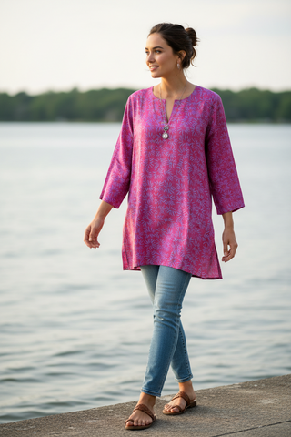 Batik Rayon Kurti Tunic - Fuchsia/Lavender Batik