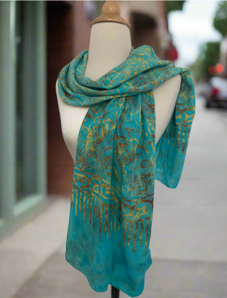 Handmade Batik Rayon Scarf - Tropical Teal-Gold