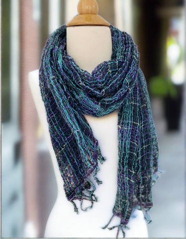 Handwoven Open Weave Cotton Scarf - Multi Black-Turquoise-Purple