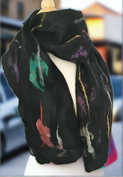 Black Nuno Felted Merino Wool-Sari Silk Scarf|One-of-a-Kind Wearable Art