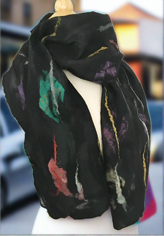 Black Nuno Felted Merino Wool-Sari Silk Scarf|One-of-a-Kind Wearable Art