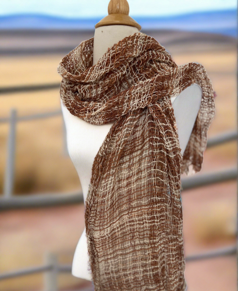 Handwoven Open Weave Cotton Scarf - Brown-White