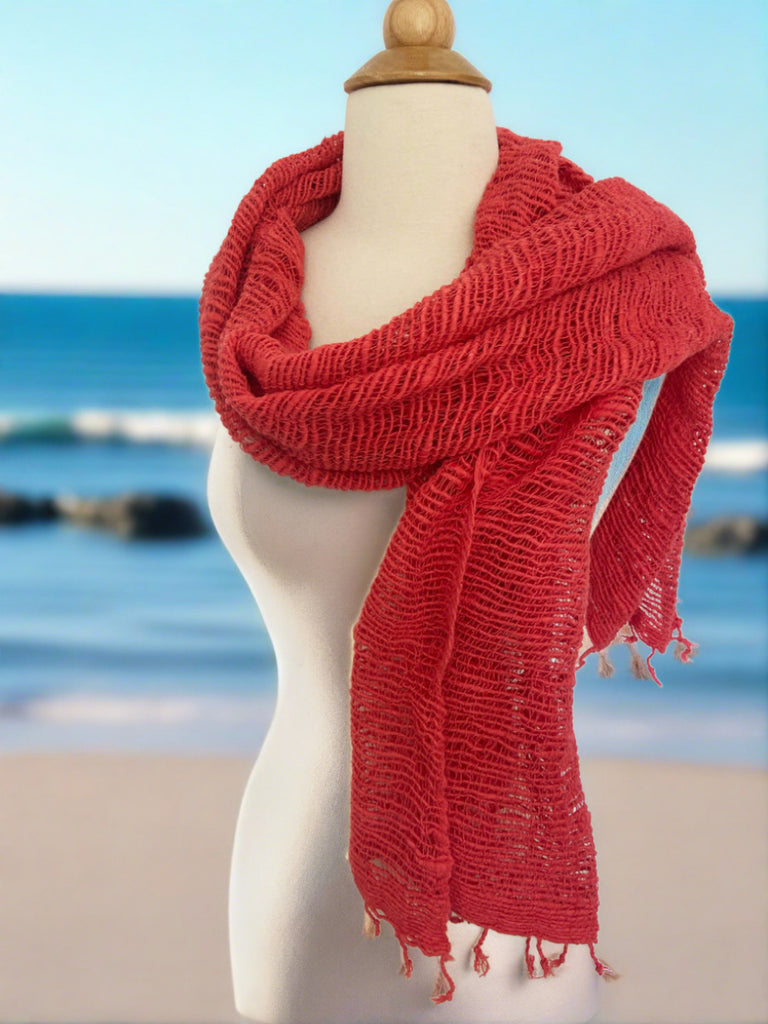 Handwoven Open Weave Cotton Scarf - Coral