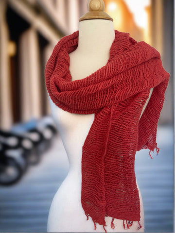 Handwoven Open Weave Cotton Scarf - Coral Red