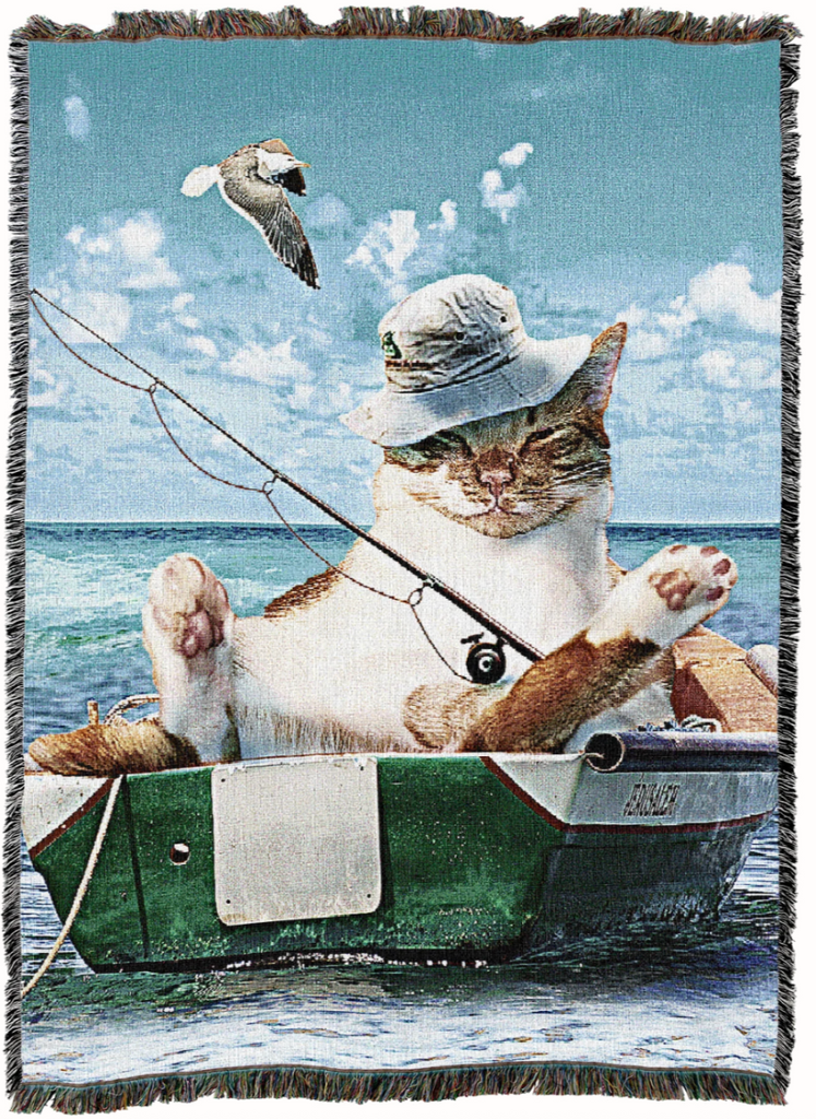 Cat Fishing Random Galaxy Woven Cotton Throw Blanket by James Booker©