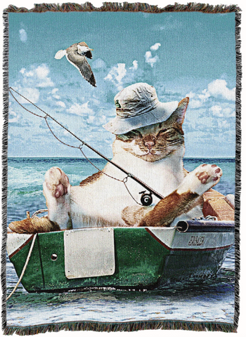 Cat Fishing Random Galaxy Woven Cotton Throw Blanket by James Booker©