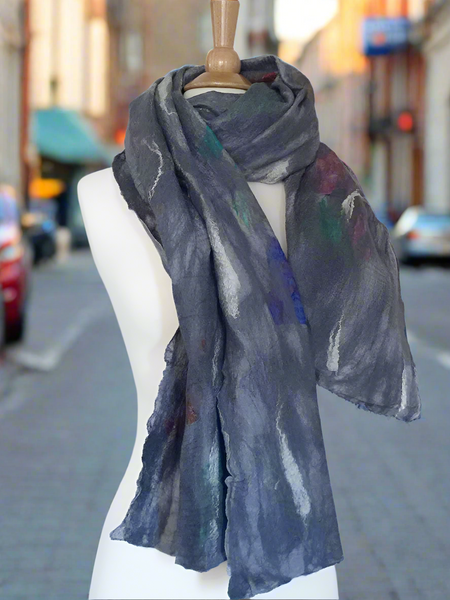 Dove Gray Nuno Felted Merino Wool-Sari Silk "Shawl-Stole"|One-of-a-Kind Wearable Art