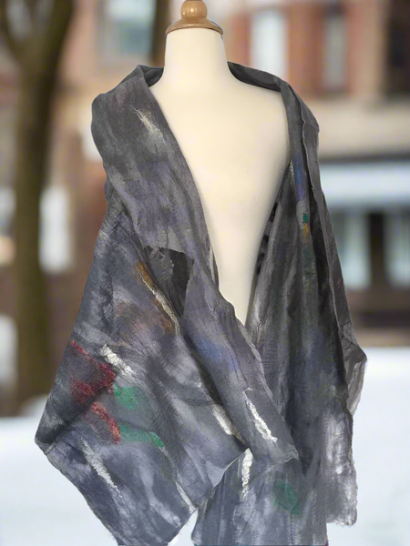 Dove Gray Nuno Felted Merino Wool-Sari Silk "Shawl-Stole"|One-of-a-Kind Wearable Art