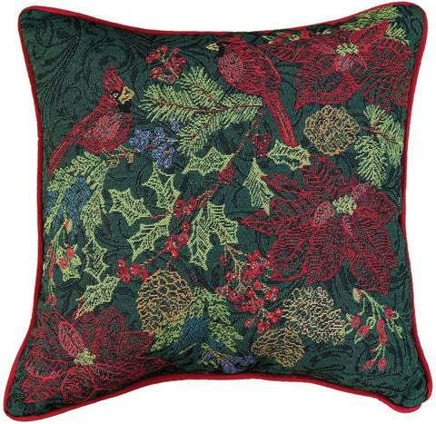 Embroidered Holiday Green Tapestry Pillow - Holiday Motif